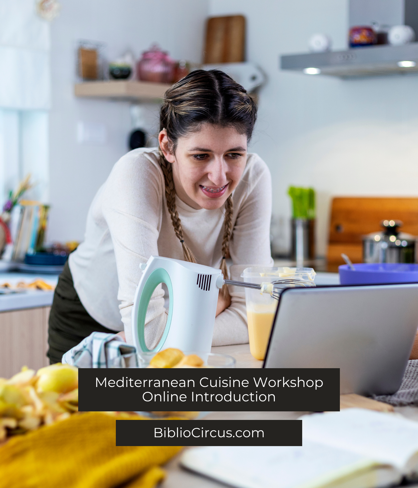 Online Introduction to Mediterranean Cuisine Workshop, woman having fun learning to cook in video lesson