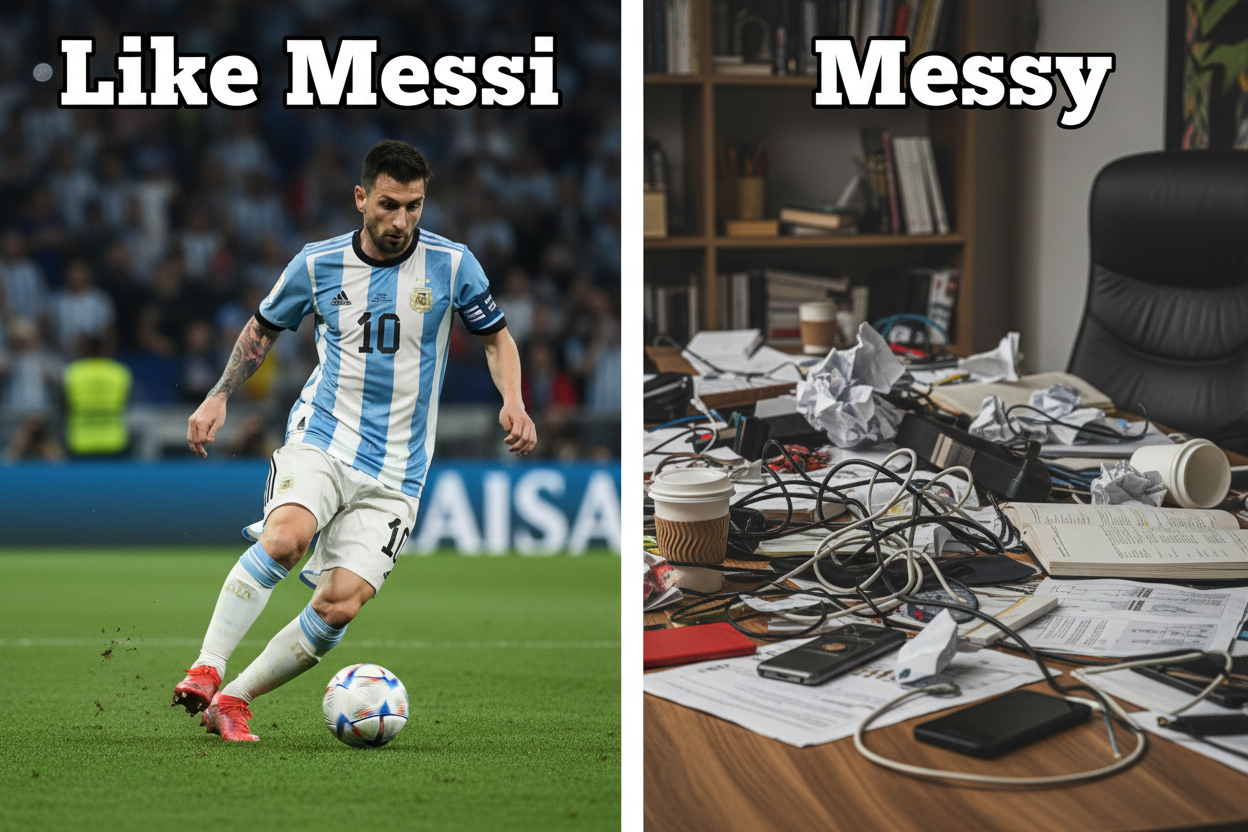 Change "precision" to "Like Messi" change "chaos" to "Messy"