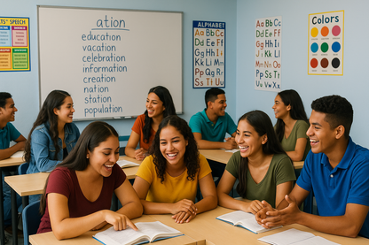 Keep the same except change the vocabulary on the whiteboard to a list of words in English that end in "ation"