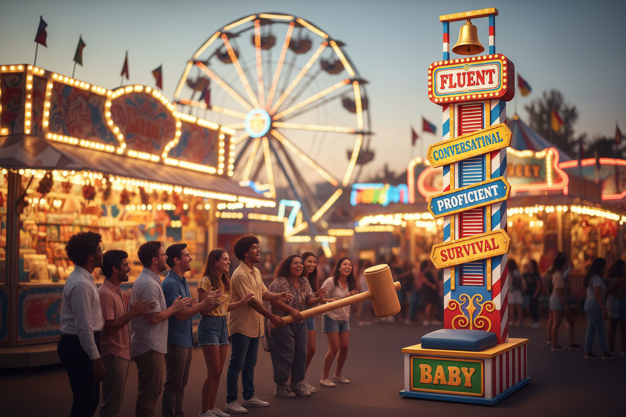 put a sign that says "fluent" at the top, under that "conversational" "proficient" "survival" and "baby" at the bottom